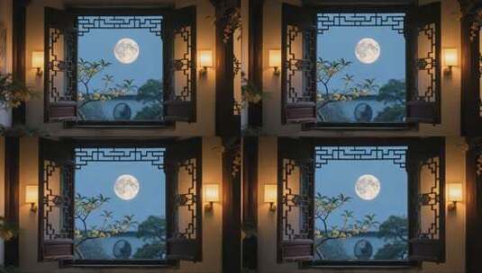 中秋节窗外月亮唯美风意境视频高清在线视频素材下载