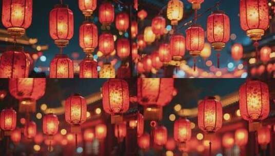 悬挂的中式红灯笼夜景高清在线视频素材下载