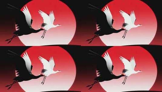 双鹤飞于红月背景素材高清在线视频素材下载