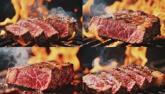 火焰上烤制的鲜嫩牛排高清在线视频素材下载