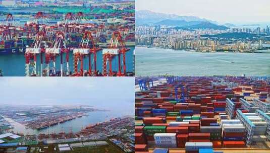 4k航拍青岛港集装箱码头塔吊林立宣传片高清在线视频素材下载