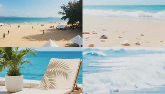 迷人海滩与贝壳, 海浪和渔船日落高清在线视频素材下载