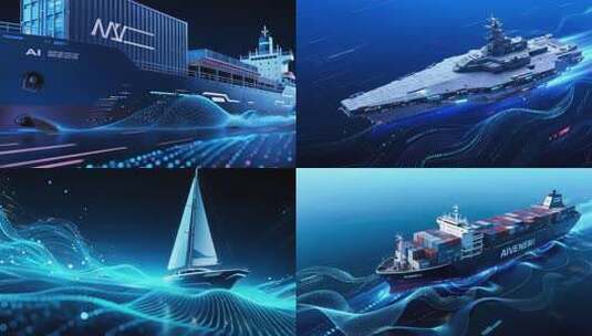 蓝色科技波浪与航运船，企业文化片头宣传片高清在线视频素材下载