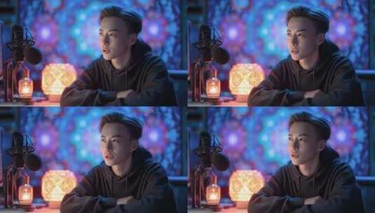 主播在充满科技感的直播间进行创作高清在线视频素材下载