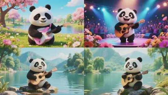 熊猫弹吉他卡通熊猫音乐会背景视频高清在线视频素材下载