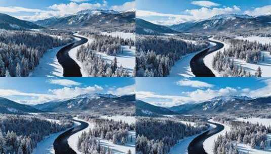 冬季山林蜿蜒河雪山河流雪景航拍全景高清在线视频素材下载