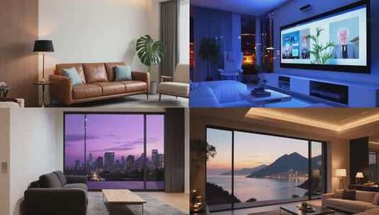 现代客厅窗外山海城市景观高清在线视频素材下载