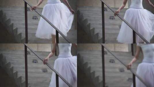 穿着芭蕾舞裙的舞者轻快地走下楼梯高清在线视频素材下载