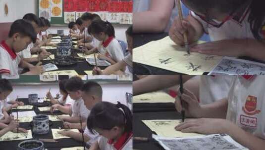 小学生书法艺术社团课堂写毛笔字高清在线视频素材下载