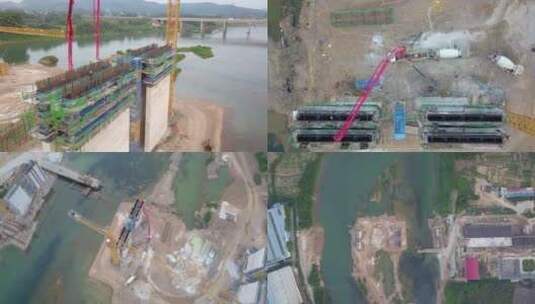 航拍在建跨江大桥高清在线视频素材下载
