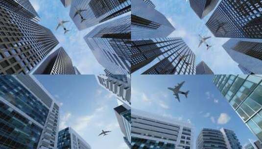 4k大气飞机飞过城市金融楼顶高清在线视频素材下载