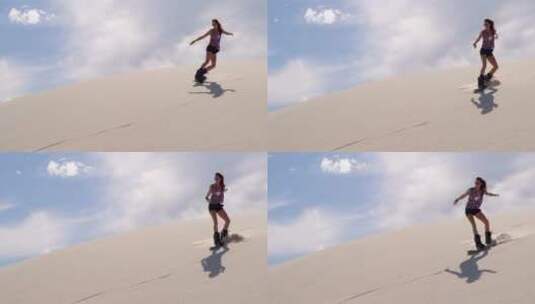 女人在沙漠斜坡上滑沙高清在线视频素材下载