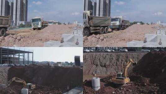 4K建筑施工挖机挖土后八轮运土高清在线视频素材下载