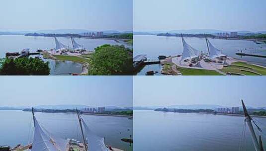 航拍城镇湖边小码头高清在线视频素材下载