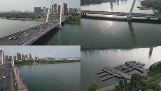 西安后海浐灞彩虹桥灞河景区休闲航拍4高清在线视频素材下载