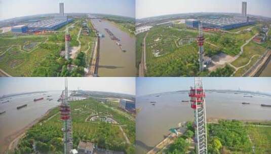 航拍长江扬州六圩灯塔公园高清在线视频素材下载
