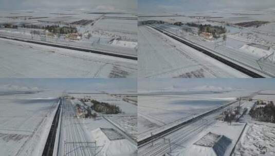 航拍雪地上的火车站高清在线视频素材下载