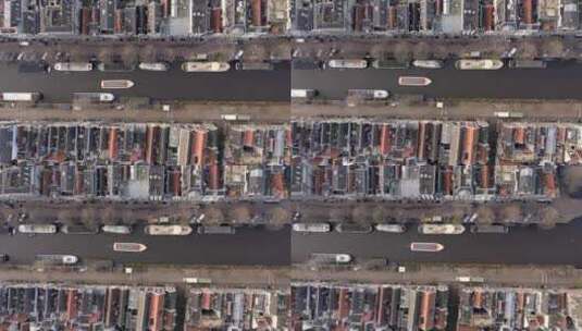 阿姆斯特丹运河船之旅，河畔房屋鸟瞰高清在线视频素材下载