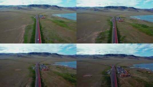 赛里木湖绝美公路风光航拍高清在线视频素材下载