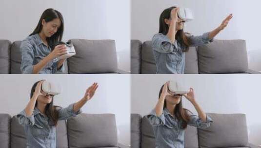 女人在家观看虚拟现实设备高清在线视频素材下载