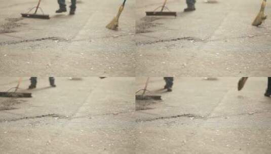 扫帚在地面上打扫灰尘高清在线视频素材下载