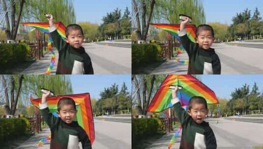 中国小朋友在公园树林中放风筝高清在线视频素材下载