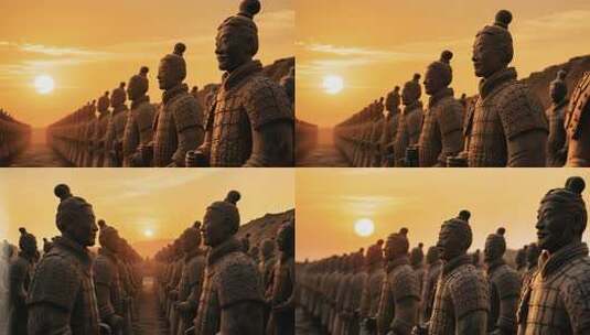 夕阳下的兵马俑阵列高清在线视频素材下载