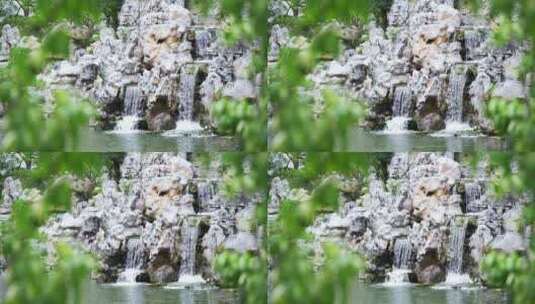 传统中式园林花园假山太湖石瀑布高清在线视频素材下载