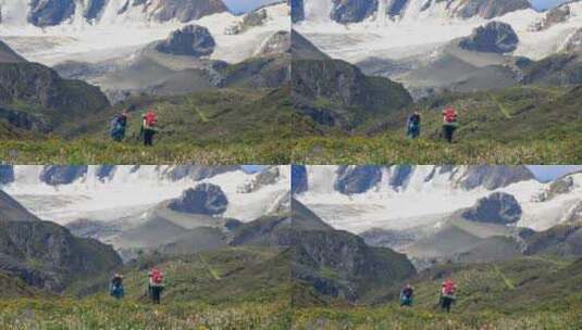 攀登格聂山区阿萨贡格雪山登山者徒步进山高清在线视频素材下载