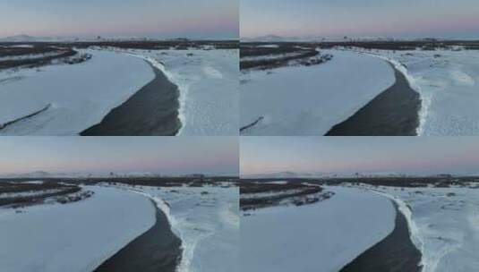 航拍大兴安岭冬季不冻河雪景高清在线视频素材下载
