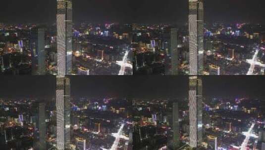 湖南长沙国金中心世贸大厦五一商圈夜景航拍高清在线视频素材下载