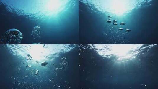 4K-海底气泡在阳光照射下冲向海面高清在线视频素材下载