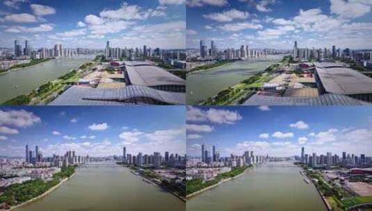 航拍广州琶洲会展中心蓝天白云延时高清在线视频素材下载