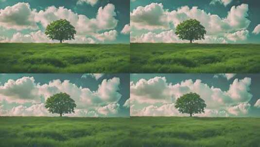 蓝天白云和草原上绿树高清在线视频素材下载