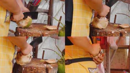 村街子地摊椰子小贩剥椰子皮露出白色椰肉高清在线视频素材下载