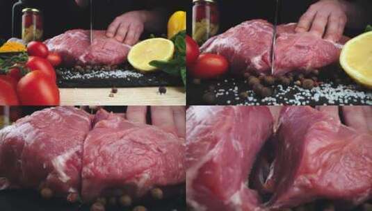 牛肉加工慢动作特写镜头高清在线视频素材下载