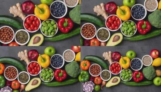 健康饮食成分新鲜蔬菜水果和超级食品营养饮高清在线视频素材下载