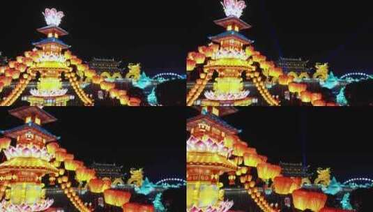 浙江绍兴新昌大佛寺春节灯会航拍高清在线视频素材下载