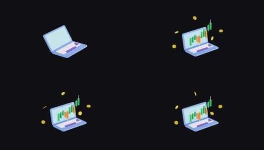 笔记本电脑，股票烛台图形和图表动画。3d高清在线视频素材下载