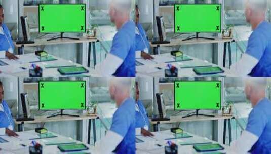 护士、监视器和绿屏在医疗保健办公室的虚拟高清在线视频素材下载