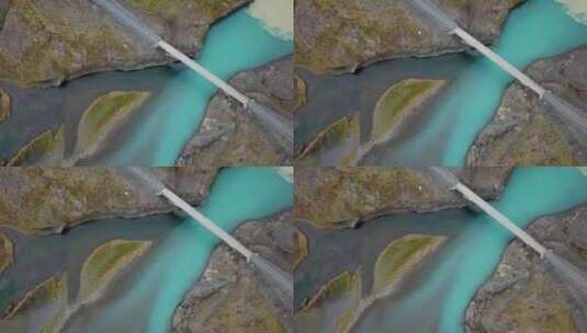 伊塞尔高地水蓝色冰川水入桥下浑河河口鸟瞰高清在线视频素材下载