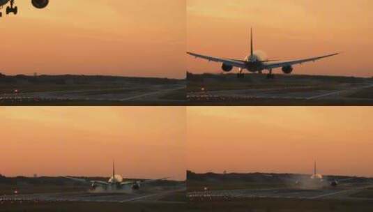 黄昏机场飞机降落特写飞机从天空飞过航空高清在线视频素材下载
