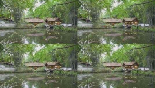 成都杜甫草堂草屋池塘竹林下雨天空镜高清在线视频素材下载