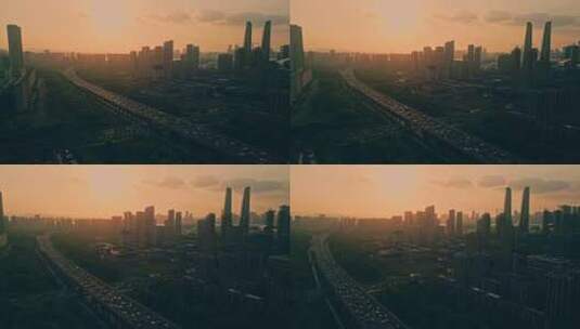 航拍杭州城市机场高架车流夕阳风光高清在线视频素材下载