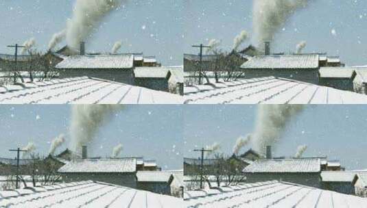 大雪纷飞的天气屋顶升起炊烟高清在线视频素材下载