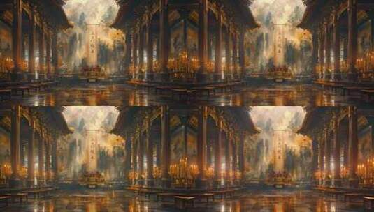 中式概念场景，点满蜡烛的祠堂高清在线视频素材下载