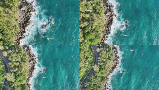 航拍海岸边绿植海水海浪高清在线视频素材下载