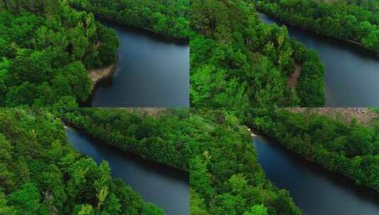 航拍森林山水湖面自然风景河流湖水湖泊高清在线视频素材下载