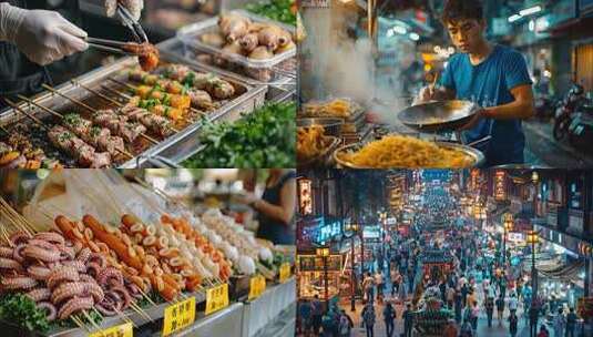 城市夜景夜市烧烤小吃美食街夜生活小吃ai高清在线视频素材下载