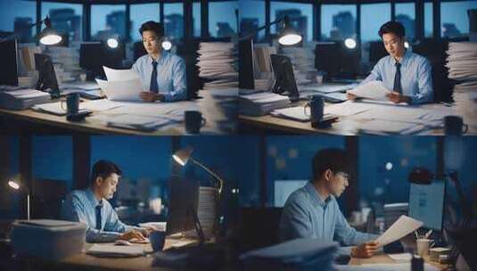 一位中国男性白领在公司忙碌熬夜加班工作高清在线视频素材下载